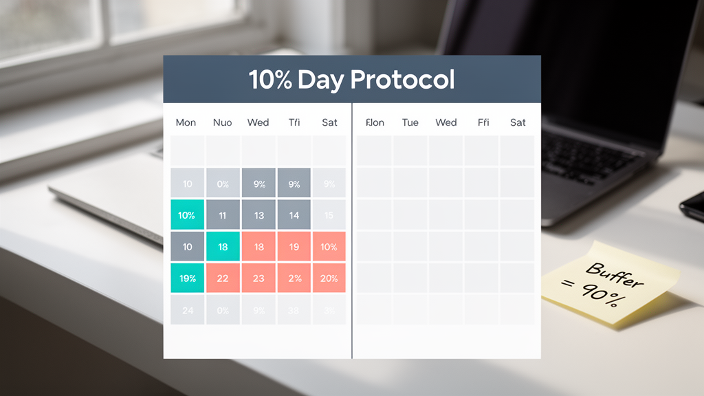 A minimalist calendar showing 10% of slots filled with client work and 90% marked as buffer space