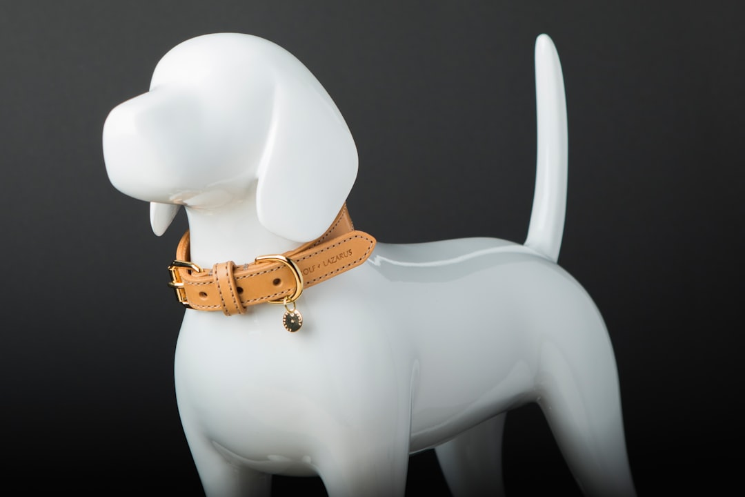 A sleek modern smart pet collar with glowing blue LED lights resting on a soft grey cat fur texture