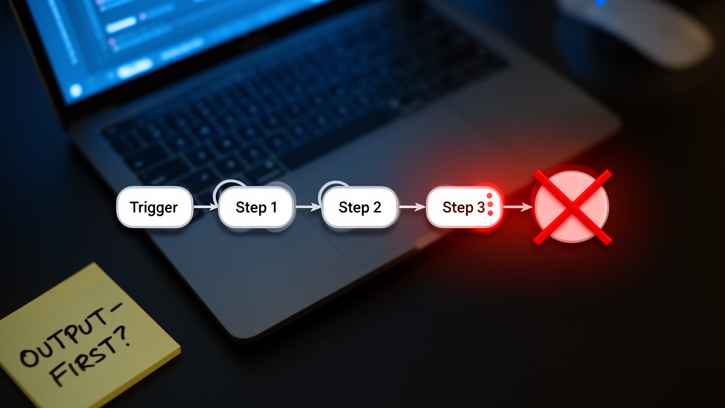 A flowchart showing a trigger-first automation workflow with a red X over the final step.