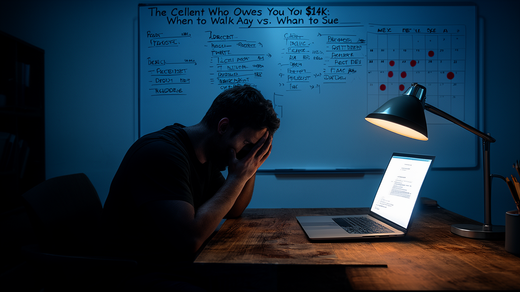 A stressed freelancer staring at an invoice on a laptop screen, client owes you money situation