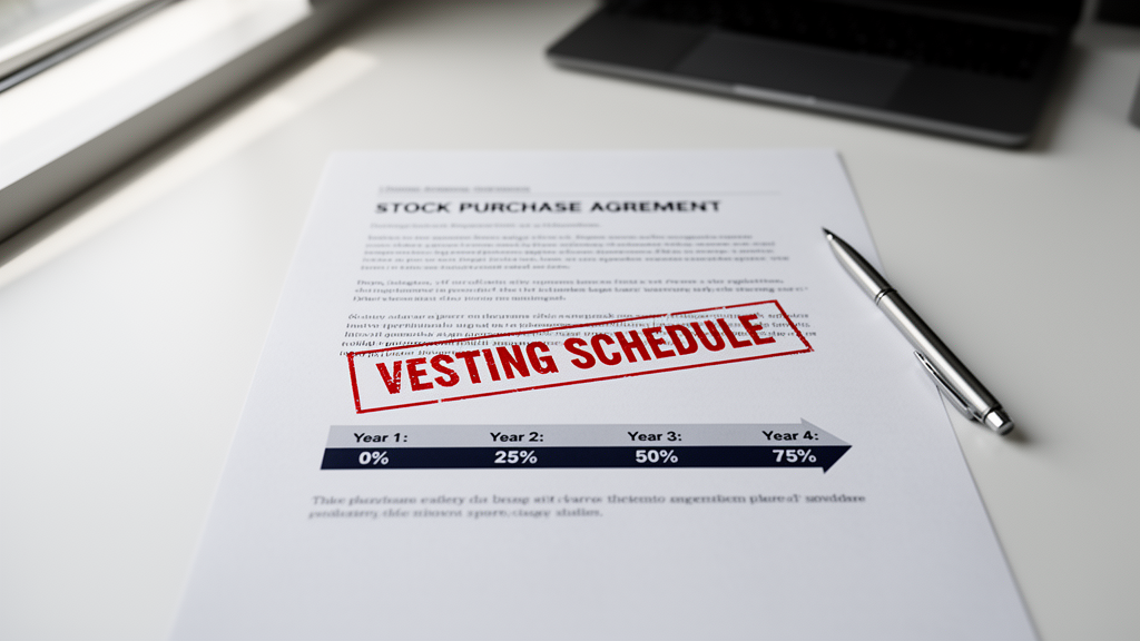 A document labeled 4-year vesting schedule with a one-year cliff highlighted in bold text
