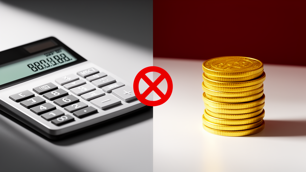 A close-up of a calculator next to a stack of coins, with a bold red filter symbol overlaying the scene, representing the concept of a freelance rate is a filter.