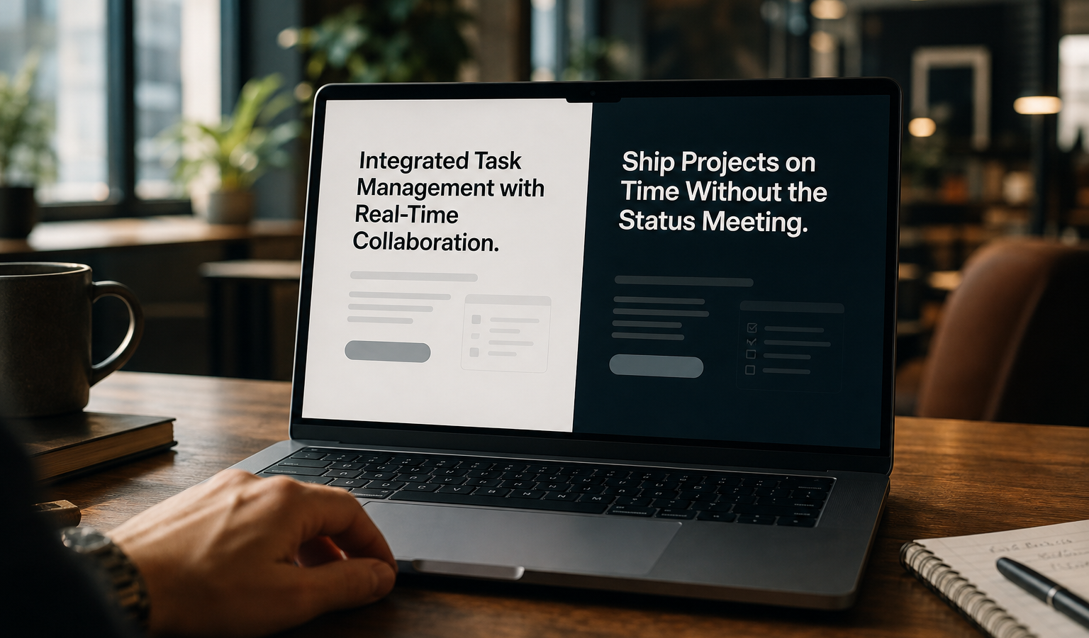 A landing page headline example showing a feature statement versus an outcome promise on a laptop screen