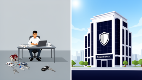 A split visual showing a lone developer labeled sole proprietorship next to a corporate building labeled LLC, highlighting intellectual property protection.