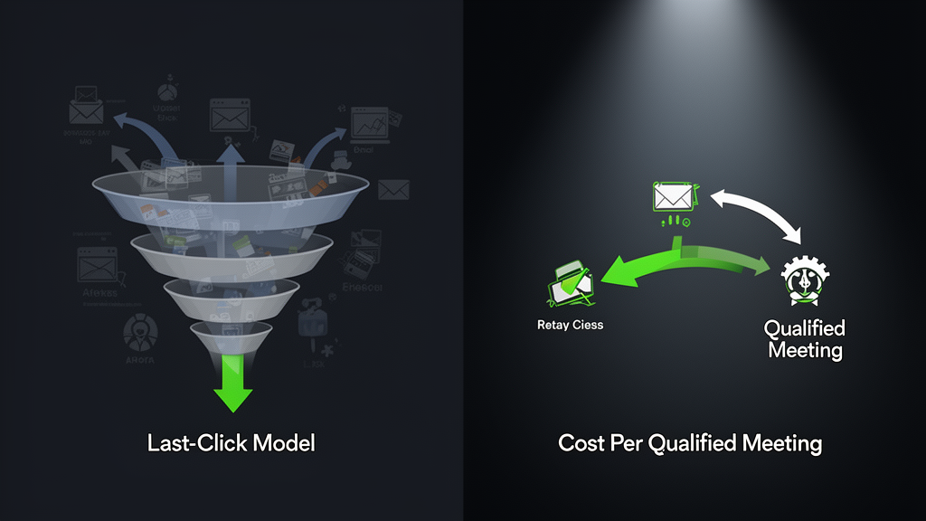 A marketing attribution model dashboard showing cost per qualified meeting metrics