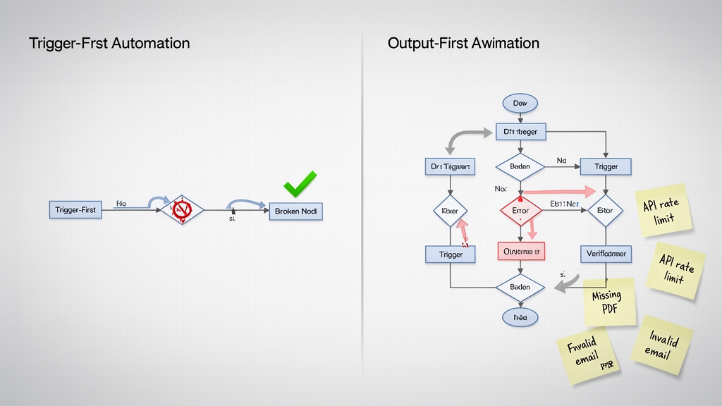 A diagram showing output-first automation workflow with backward arrows from outcome to trigger