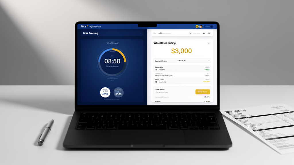 A laptop displaying time tracking software with a floating dollar sign symbolizing value-based pricing