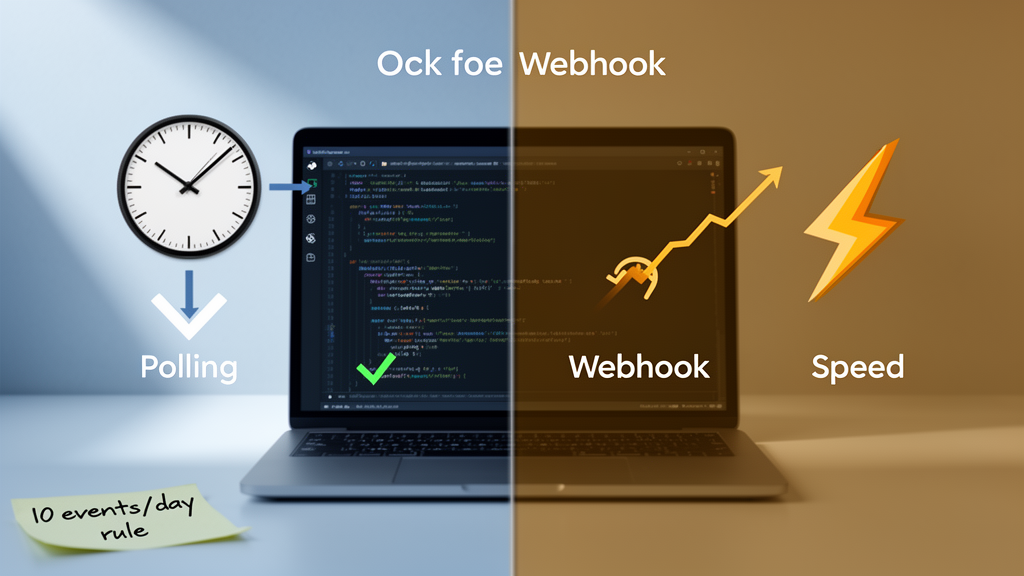 Webhook-first automation diagram showing polling versus webhook API calls