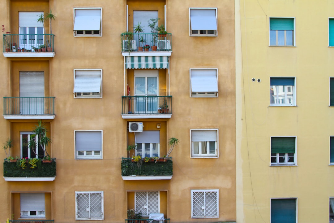 A modern apartment window with a metal window guard installed, illustrating the six-story rule for cat safety.